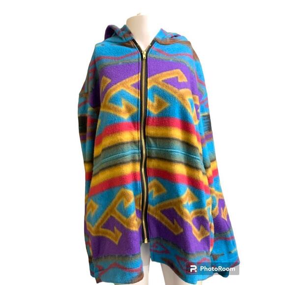 Handmade Jackets & Blazers - Vintage Handmade Aztec Women’s Size Large Fleece Hoodie Blue Tribal Print